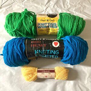 NEW Yarn 3 Skeins 100% Virgin Wool Mixed Lot Green Blue Yellow 1/3oz - 4oz